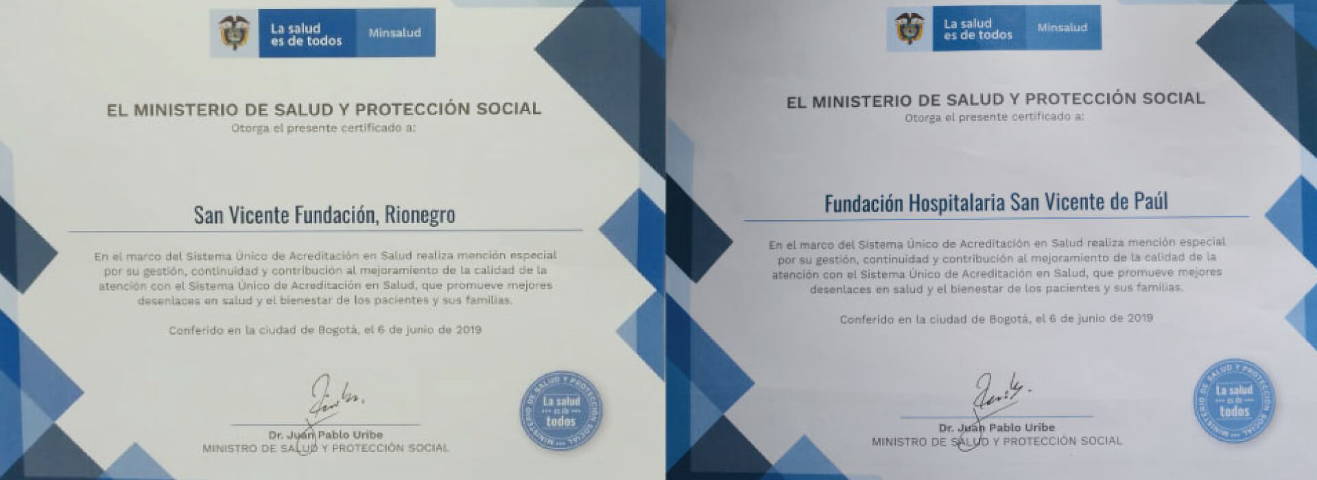 Reconocimiento del ministerio de salud al hospital San Vicente Fundación